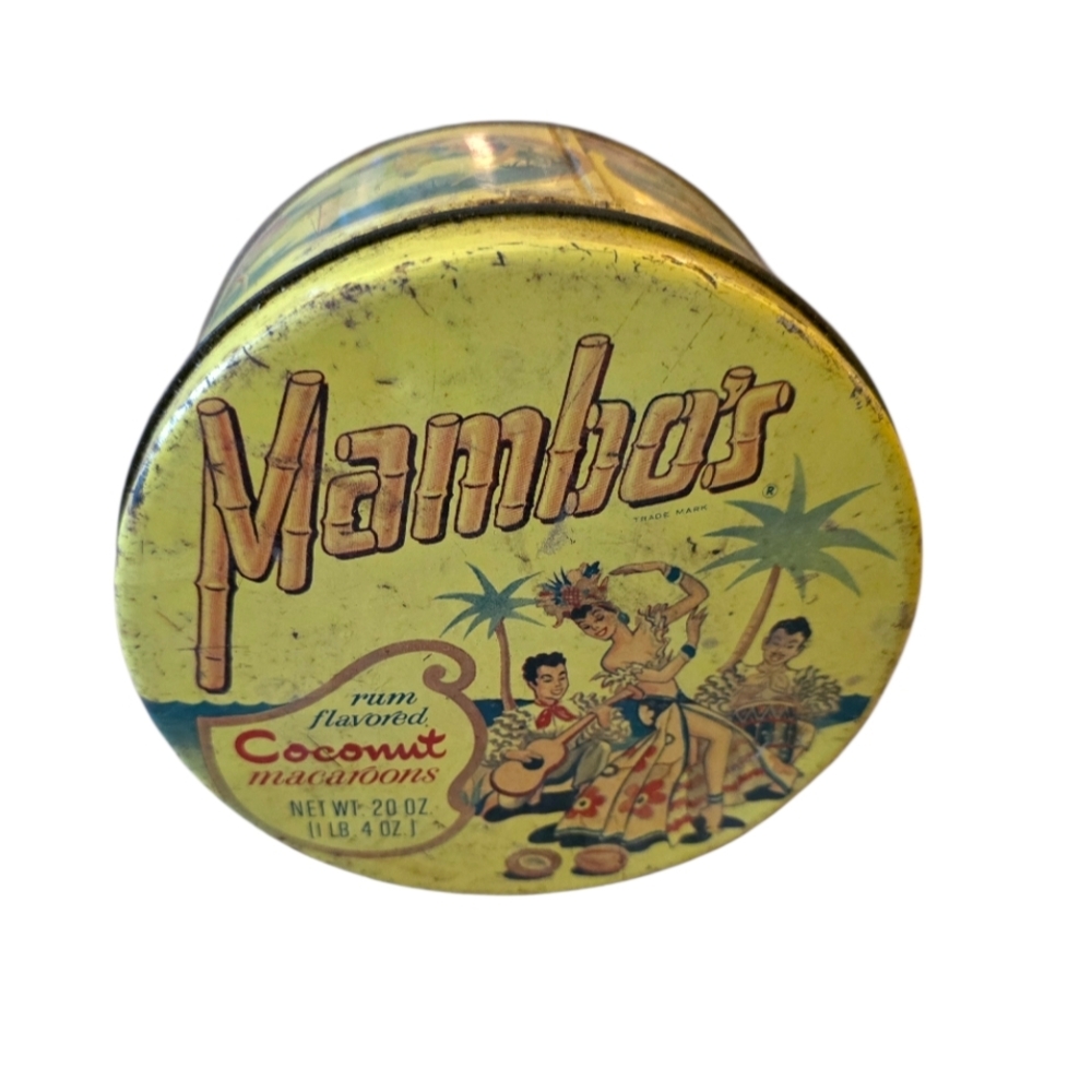 Vintage Mambo's Rum Flavored Coconut Macaroons Metal Tin Tropical Design Scene